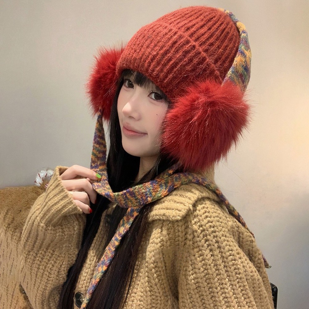 Beanie Cuffed Knit - Retro Knit Ear Flap Beanie Cuffed