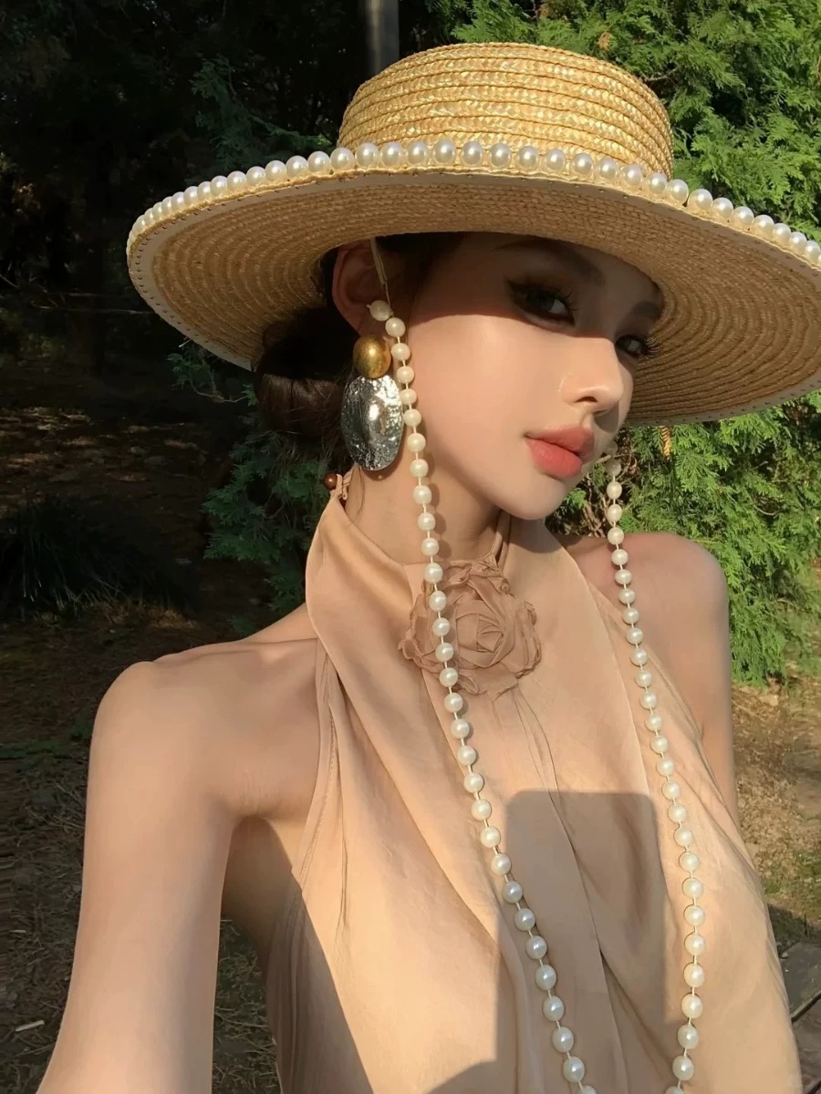 New Summer Fashion Pearl Chain - Cowboy Hat Straw recension och pris