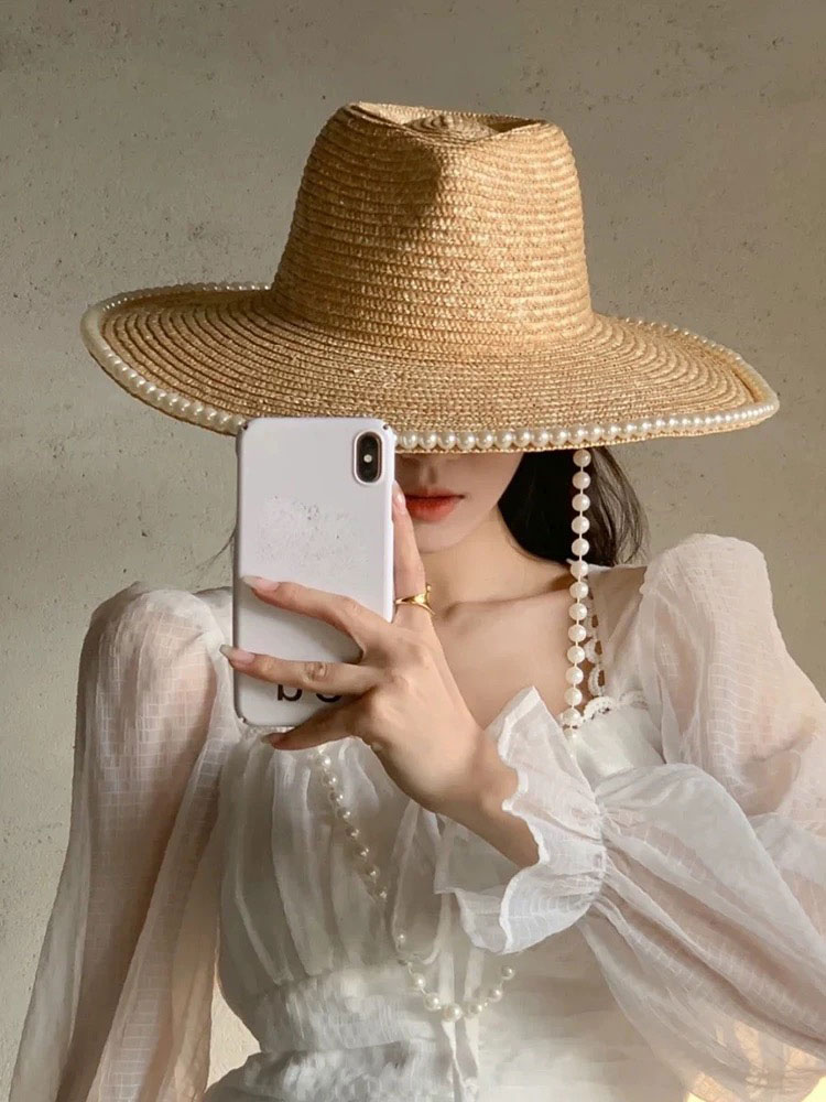 New Summer Fashion Pearl Chain - Cowboy Hat Straw recension och pris